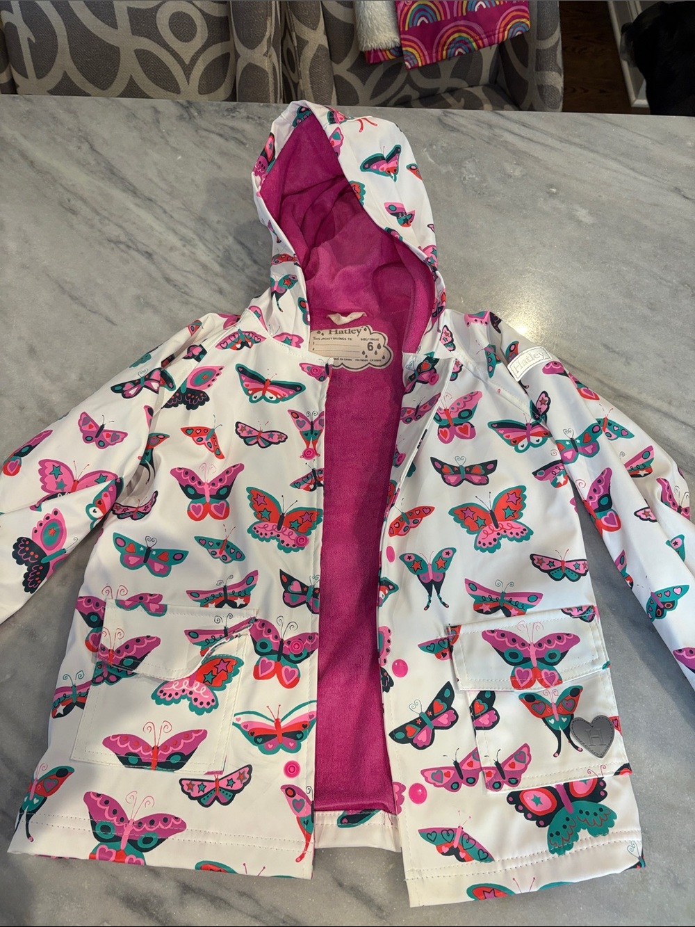 Hatley White Butterfly Hooded Raincoat with Pink Lining
